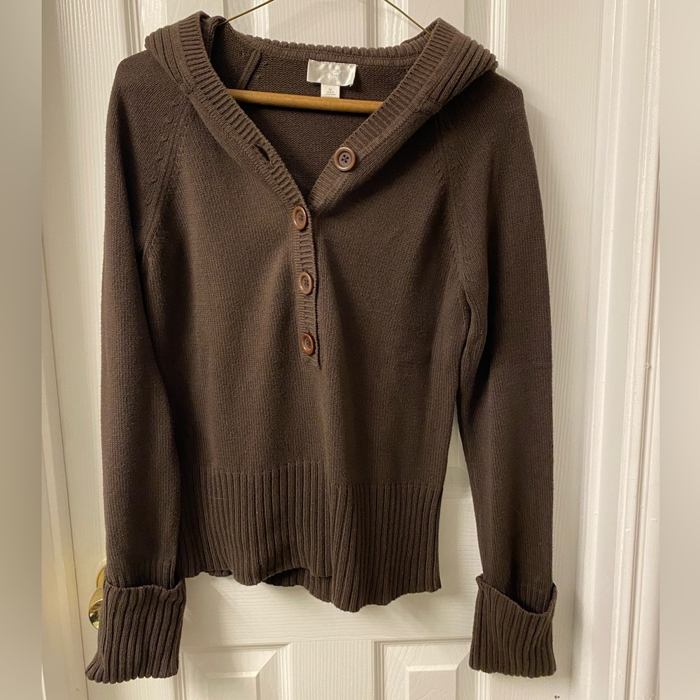 Brown, 3/4 button up sweater.